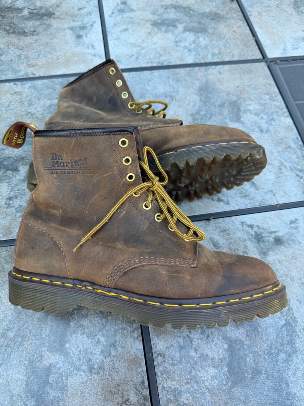 Dr. Martens Brown Leather Lace-Up Combat Boots with Yellow Stitching